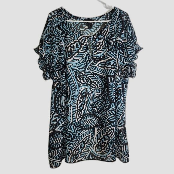 Lane Bryant Black Blue Paisley Leaf Blouse 22/24 - Picture 1 of 8